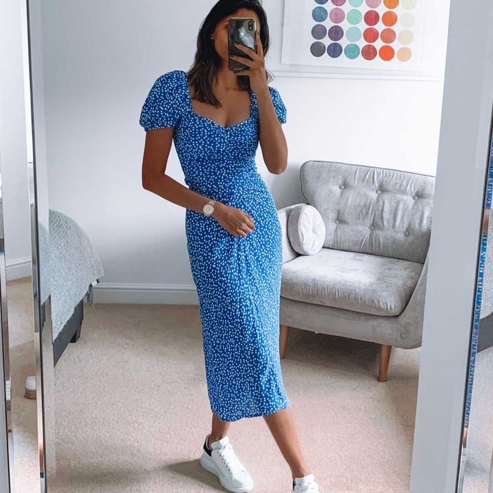 Zara Blue Polka Dot Draped MIDI Dress